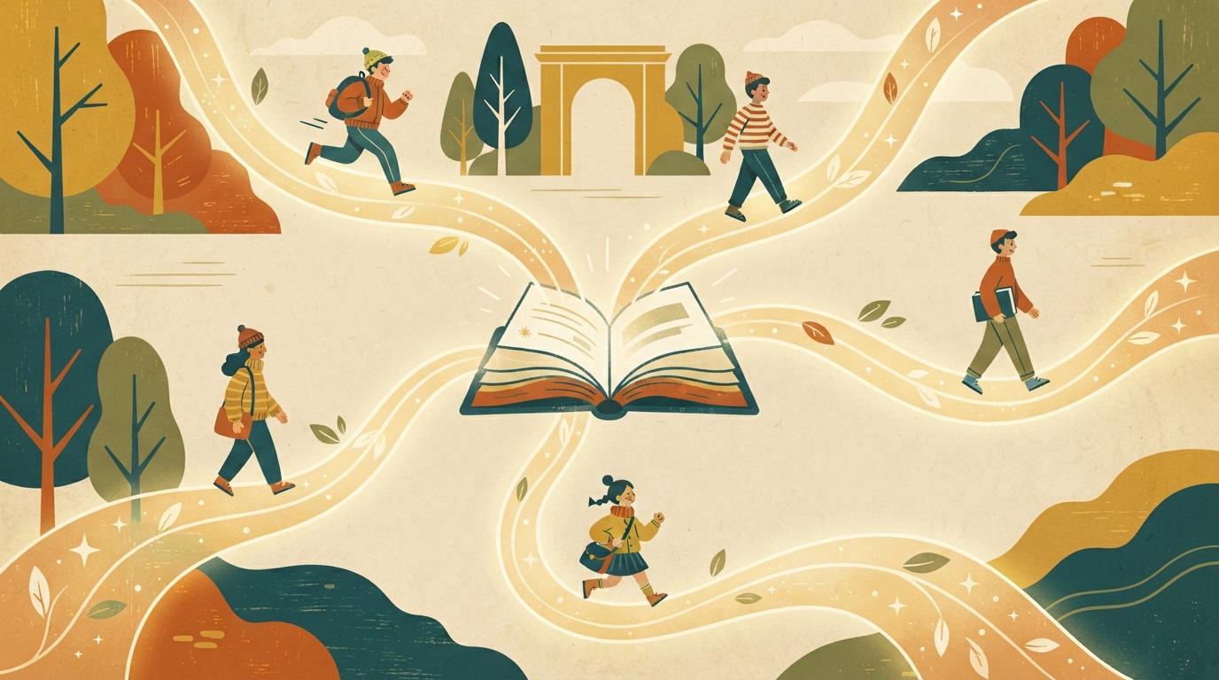 Illustration of branching pathways from an open book leading to individual student icons, representing personalized learning in higher education