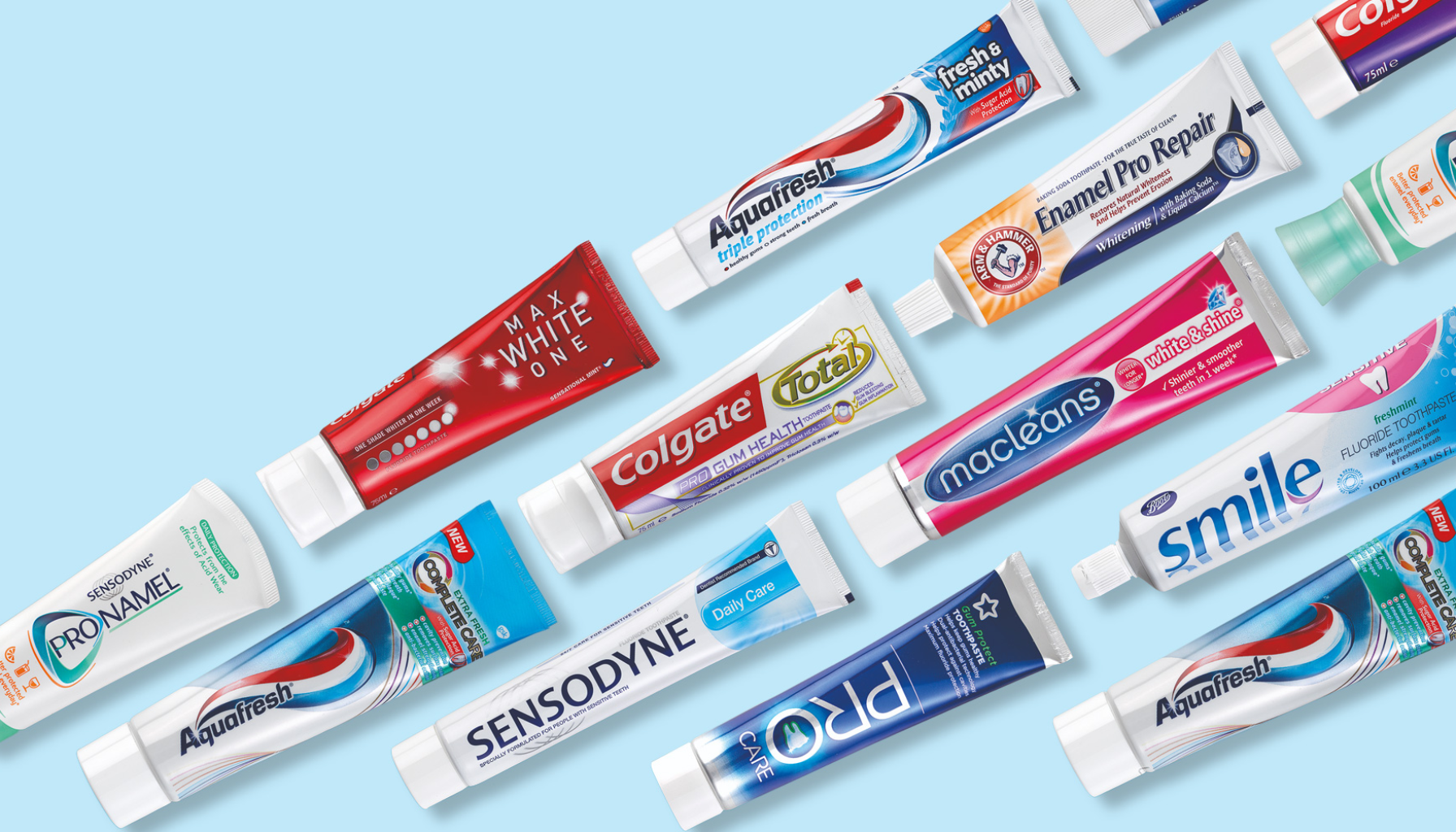Tannkrem mot ising: Slik finner du riktig type 21 "Ulike tannkremtuber fra kjente merker som Colgate, Sensodyne og Aquafresh vist på blå bakgrunn."