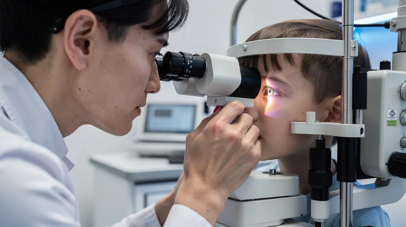 Een oogarts onderzoekt de ogen van een kind met een spleetlamp, waarbij hij aandacht heeft voor mogelijke oogproblemen zoals bijziendheid. Dit onderzoek is belangrijk om te bepalen of het kind een bril of contactlenzen nodig heeft voor scherp zicht.