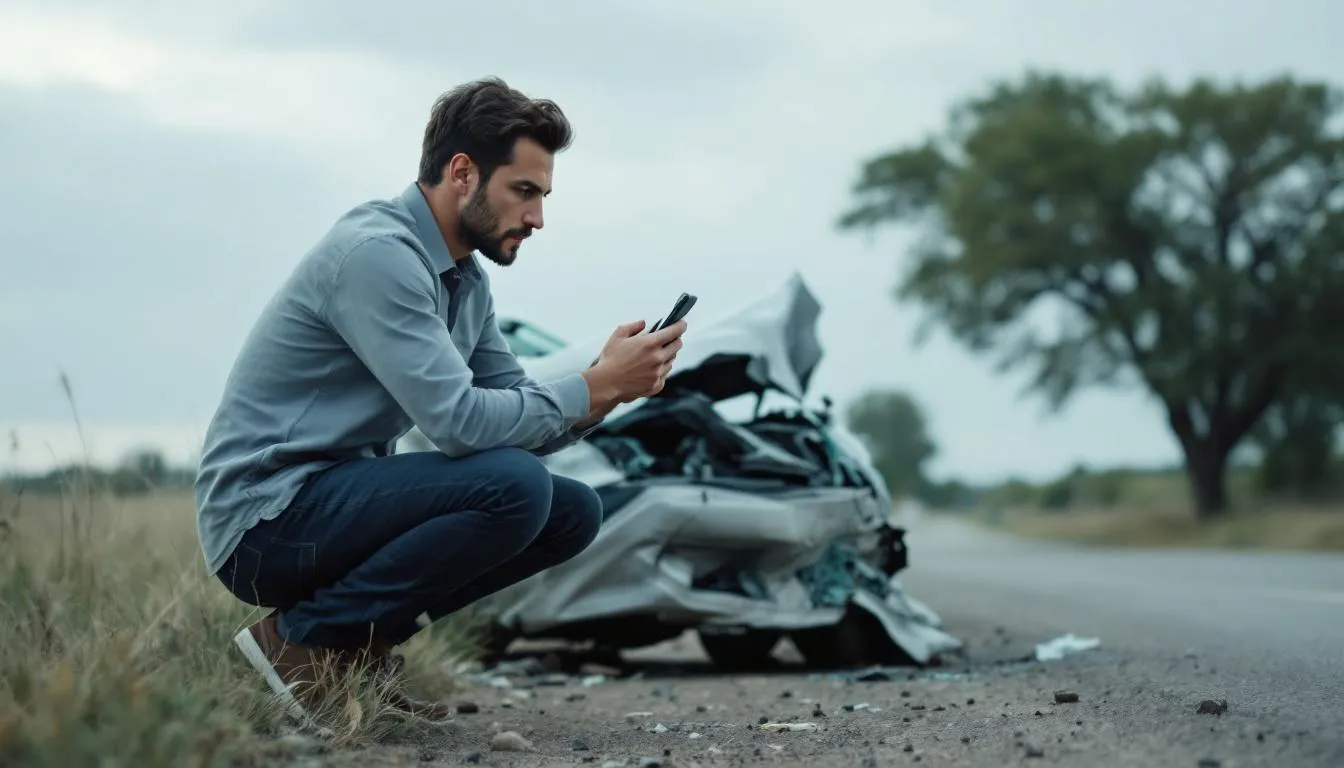 A person taking immediate action after a car accident, documenting the scene.