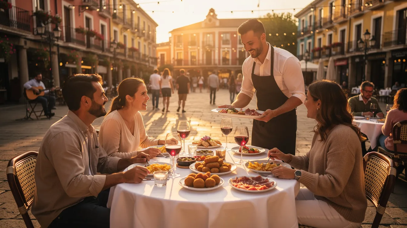 A vibrant outdoor terrace in a lively Spanish plaza at sunset, where people are enjoying delicious tapas and sipping wine, embodying the relaxed lifestyle and rich culture of Spain. The scene reflects the charm of Spanish cities, offering a perfect backdrop for socializing and savoring Spanish cuisine.