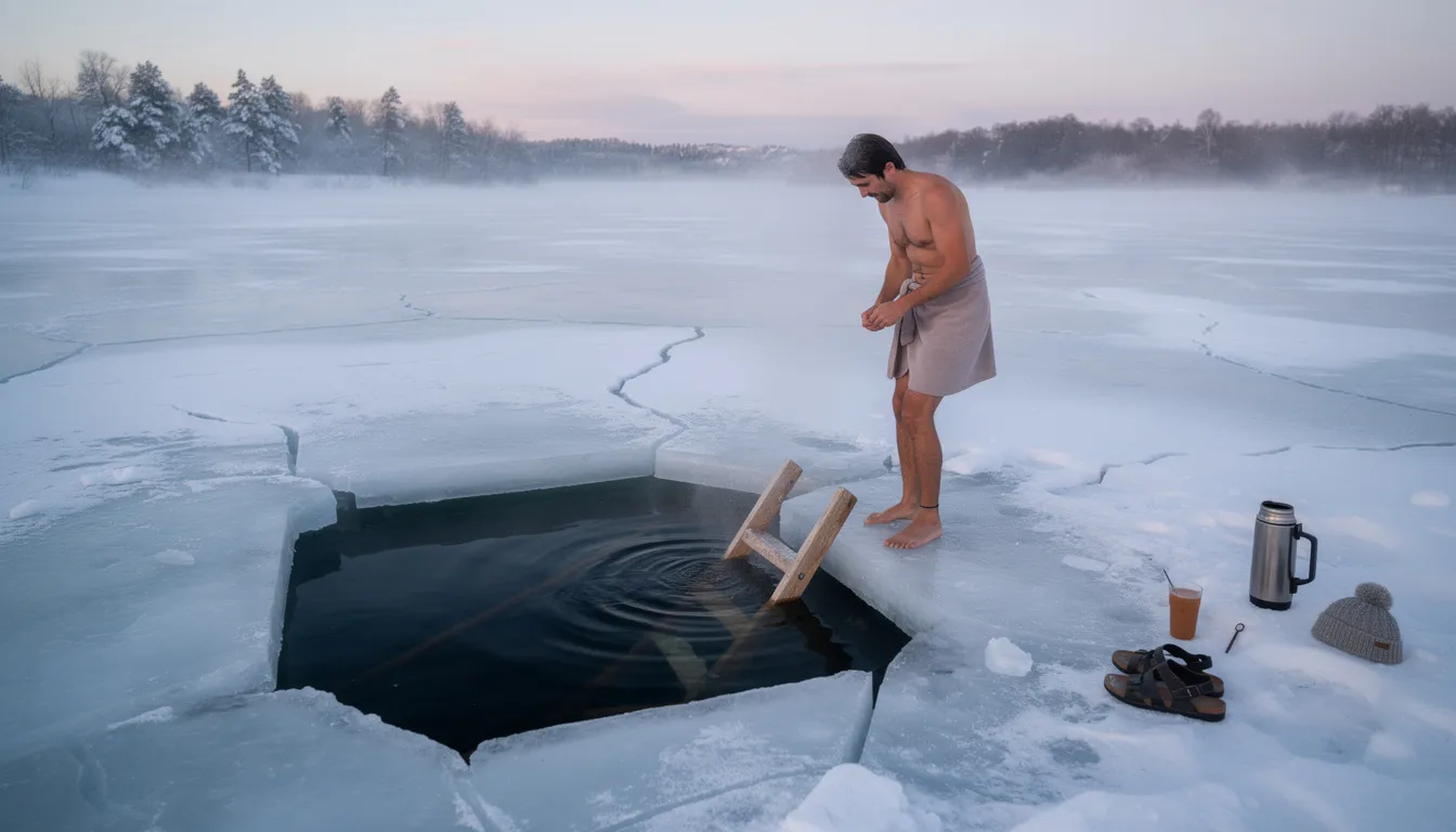 A person stands at the edge of a cold plunge, preparing to immerse themselves in icy water, highlighting the practice of cold water immersion for health benefits. This cold plunge therapy is known to enhance blood circulation and support mental health through the contrast of hot and cold exposure.
