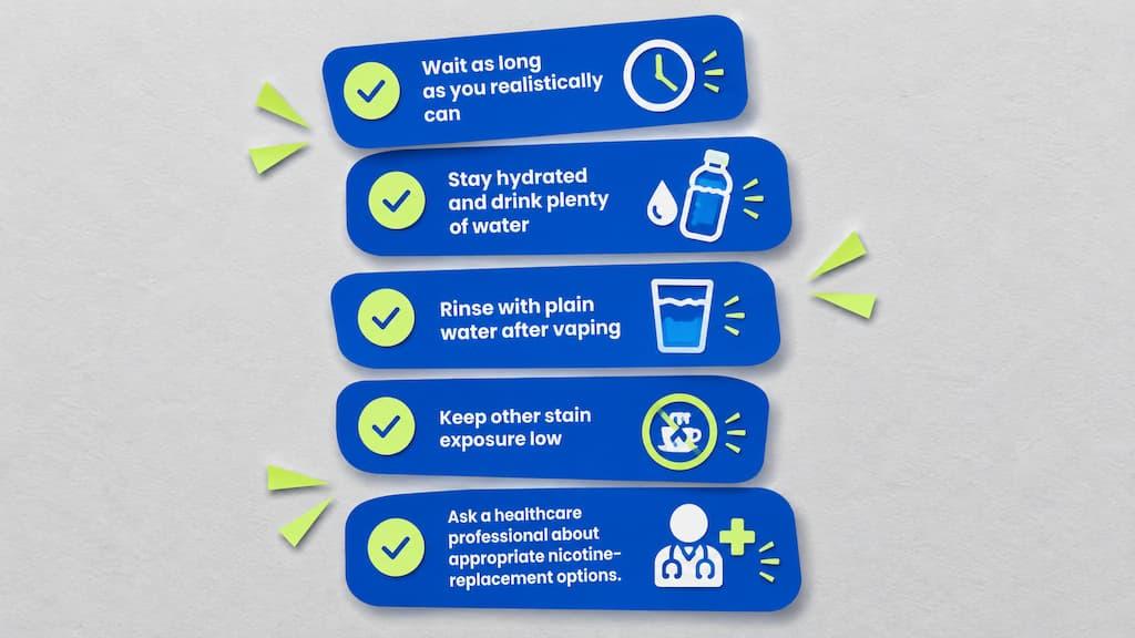Checklist illustration: wait as long as you realistically can, stay hydrated and drink plenty of water, rinse with plain water after vaping, keep other stain exposure low, and ask a healthcare professional about nicotine-replacement options