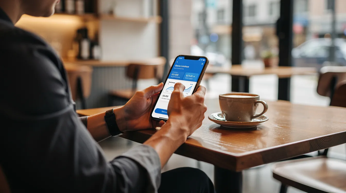 A person is sitting at a cafe table, using a smartphone banking app to manage their finances, reflecting the modern approach to commercial banking and investment services in the UK's financial services sector. The scene captures the convenience of technology in personal finance, highlighting the role of financial institutions in everyday life.