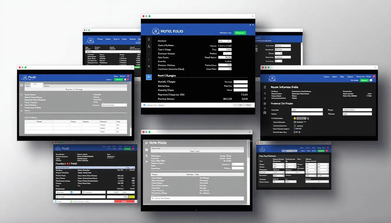 The image displays multiple computer screens showcasing different types of hotel folios, including guest folios and master folios, which detail charges incurred by guests during their stay, such as room rates, room service, and spa treatments. This visual representation highlights the importance of folio management in the hospitality industry for ensuring guest satisfaction and accurate financial transactions.