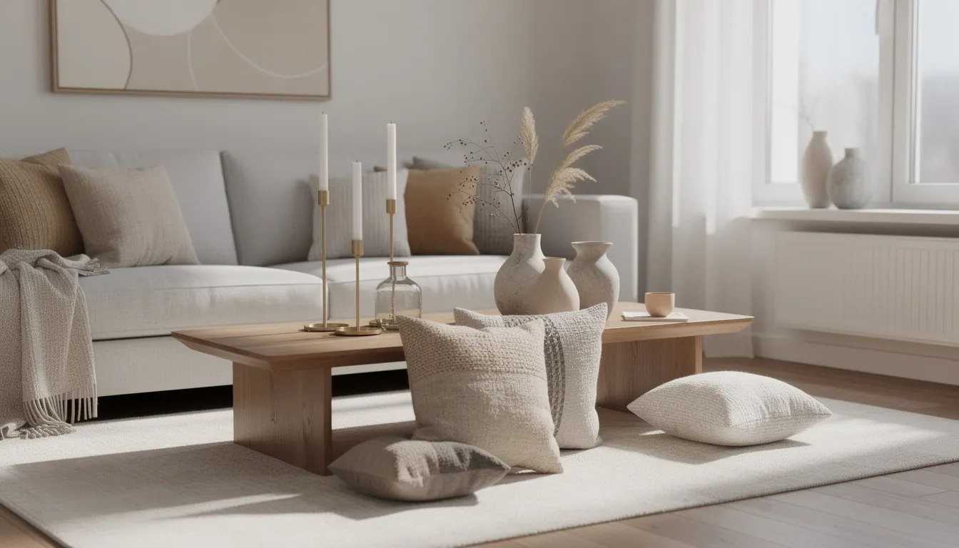 Ett vardagsrum med ett soffbord dekorerat med kuddar, ljusstakar och vaser i naturliga toner, vilket skapar en varm och inbjudande atmosfär. Detaljerna i rummet ger en personlig stil och visar på en genomtänkt inredning.