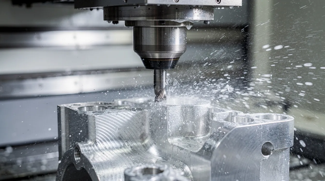 The image shows a close-up view of a five-axis CNC machining center actively cutting an aerospace aluminum part, with a coolant spray mist surrounding the area. This high-precision machining process is essential for creating complex aerospace components with tight tolerances in the aerospace industry.