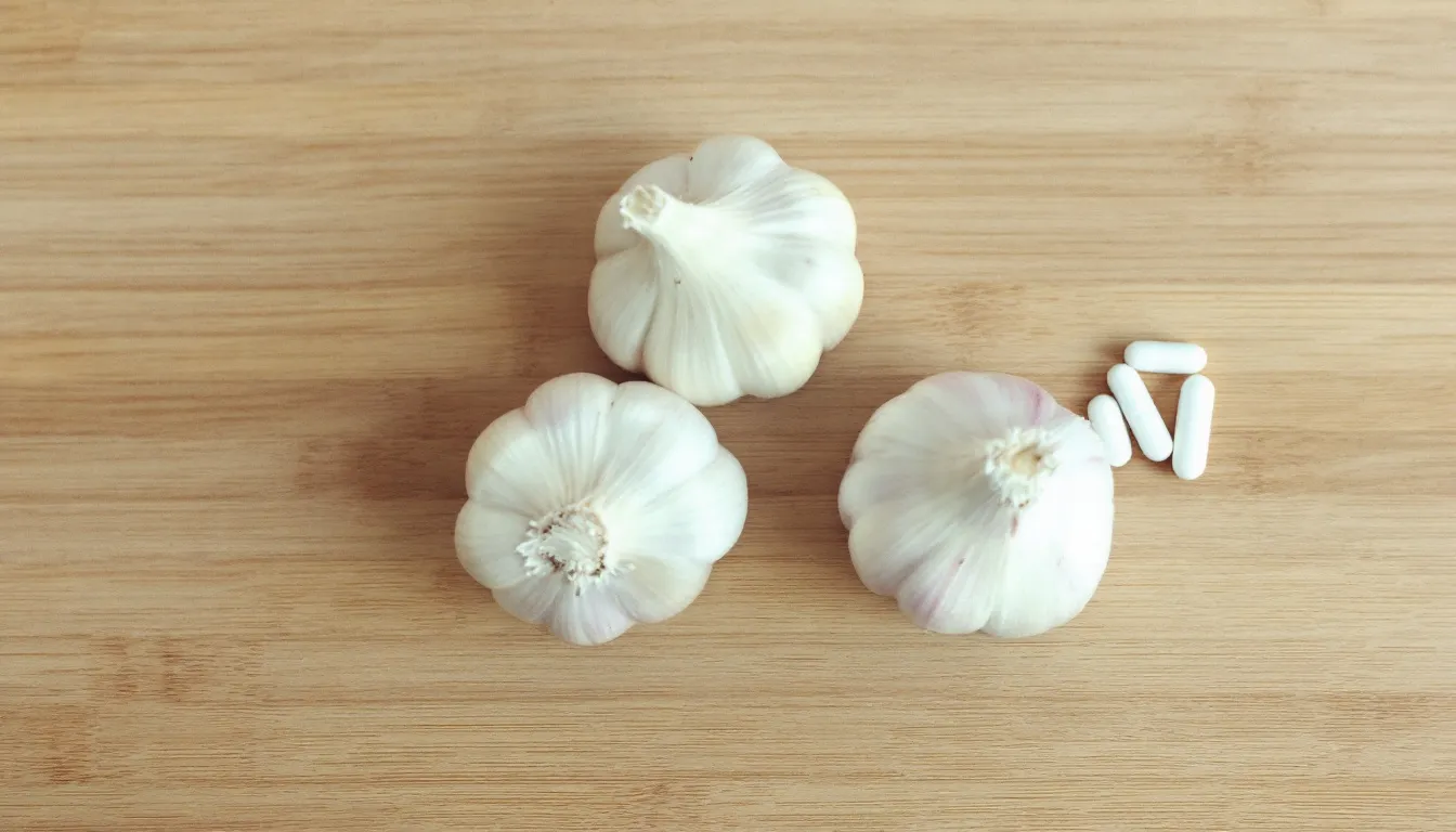 Fresh garlic cloves and magnesium supplement capsules are neatly arranged on a rustic wooden surface, showcasing natural ingredients that may help lower blood pressure and promote healthy blood flow. The contrasting colors and textures highlight the potential benefits of these supplements in managing high blood pressure levels.