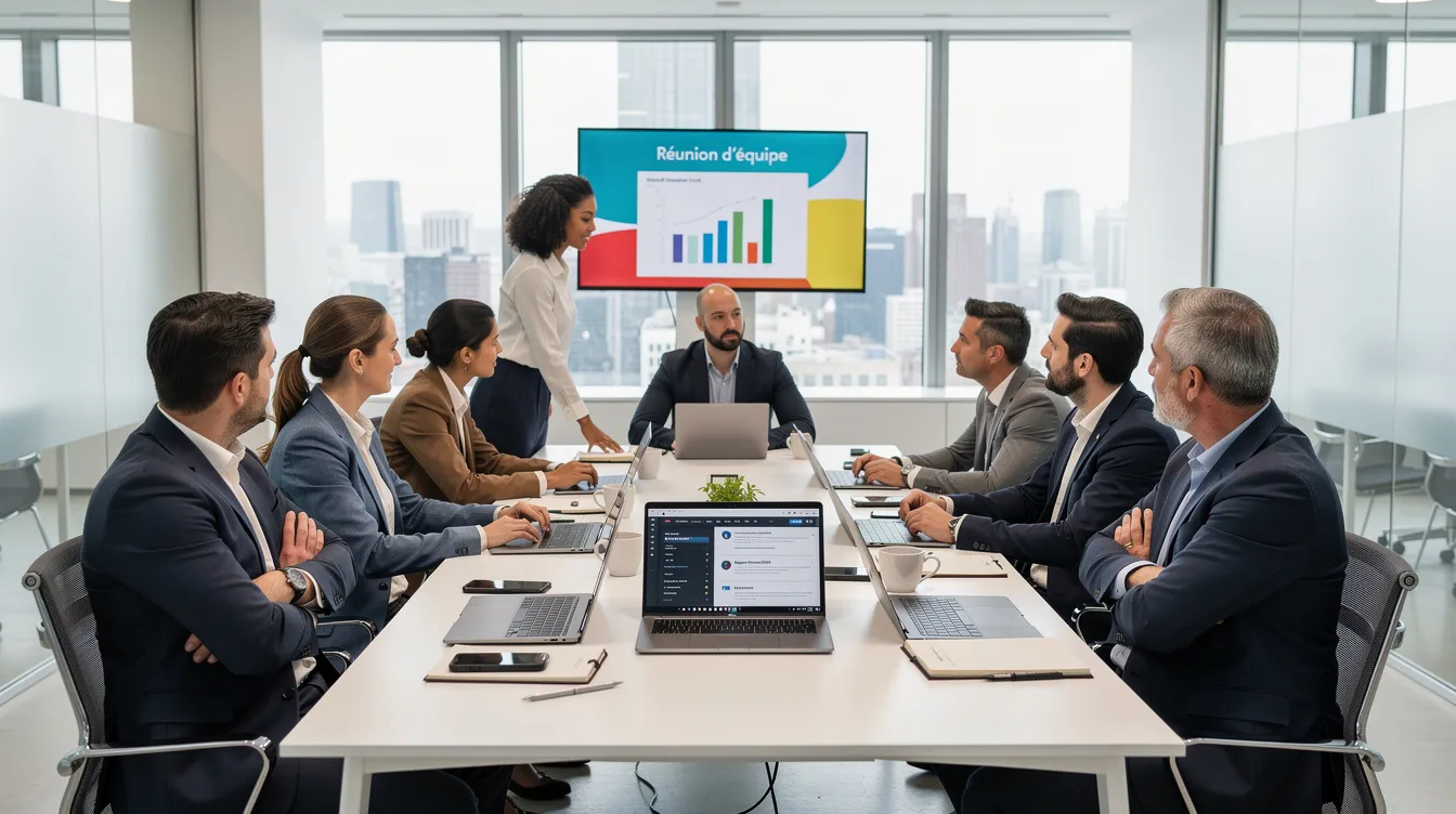 L'image montre une équipe diverse de professionnels réunis autour d'une grande table de réunion dans un bureau moderne, certains les bras croisés tandis que d'autres se concentrent sur leurs écrans. Cette scène illustre l'importance du coaching d'équipe et de la collaboration pour favoriser l'intelligence collective et atteindre les objectifs de l'entreprise.