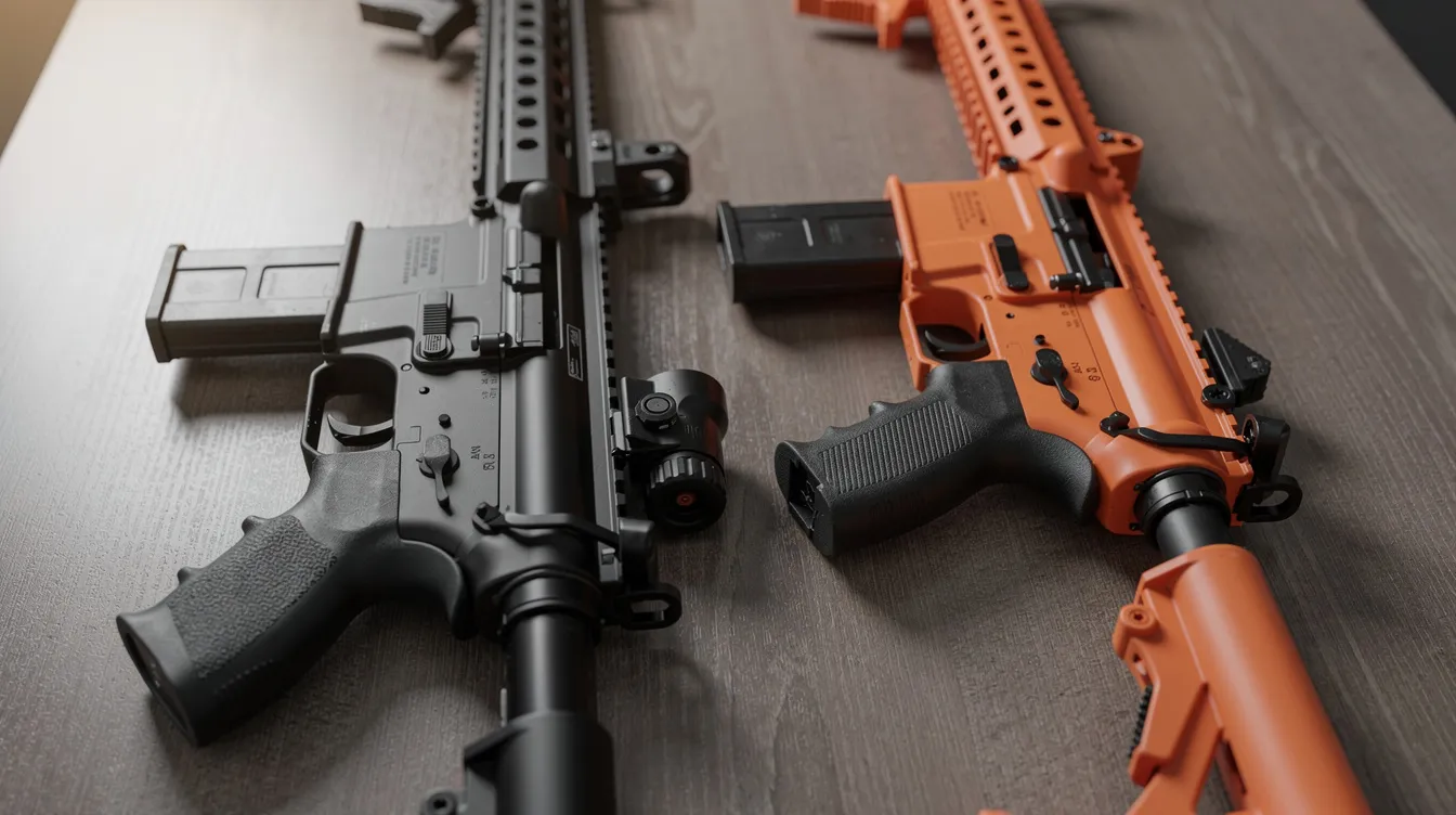 A close-up image shows two airsoft replica rifles, one black and one bright orange, positioned side by side on a table. These realistic imitation firearms are often used in airsoft skirmishing events and must comply with firearms laws, including the Violent Crime Reduction Act 2006.