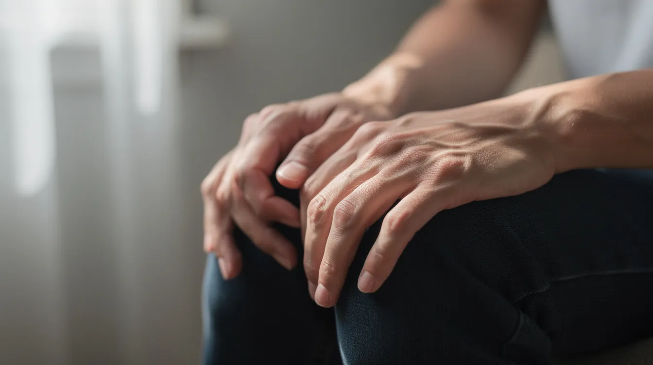 A close-up photo captures a person's hands resting on their lap, conveying a sense of discomfort possibly due to diabetic neuropathy or other nerve pain. This image highlights the challenges faced by individuals with disabilities, emphasizing the importance of understanding disability benefits and the support available for those with medical conditions like diabetes.