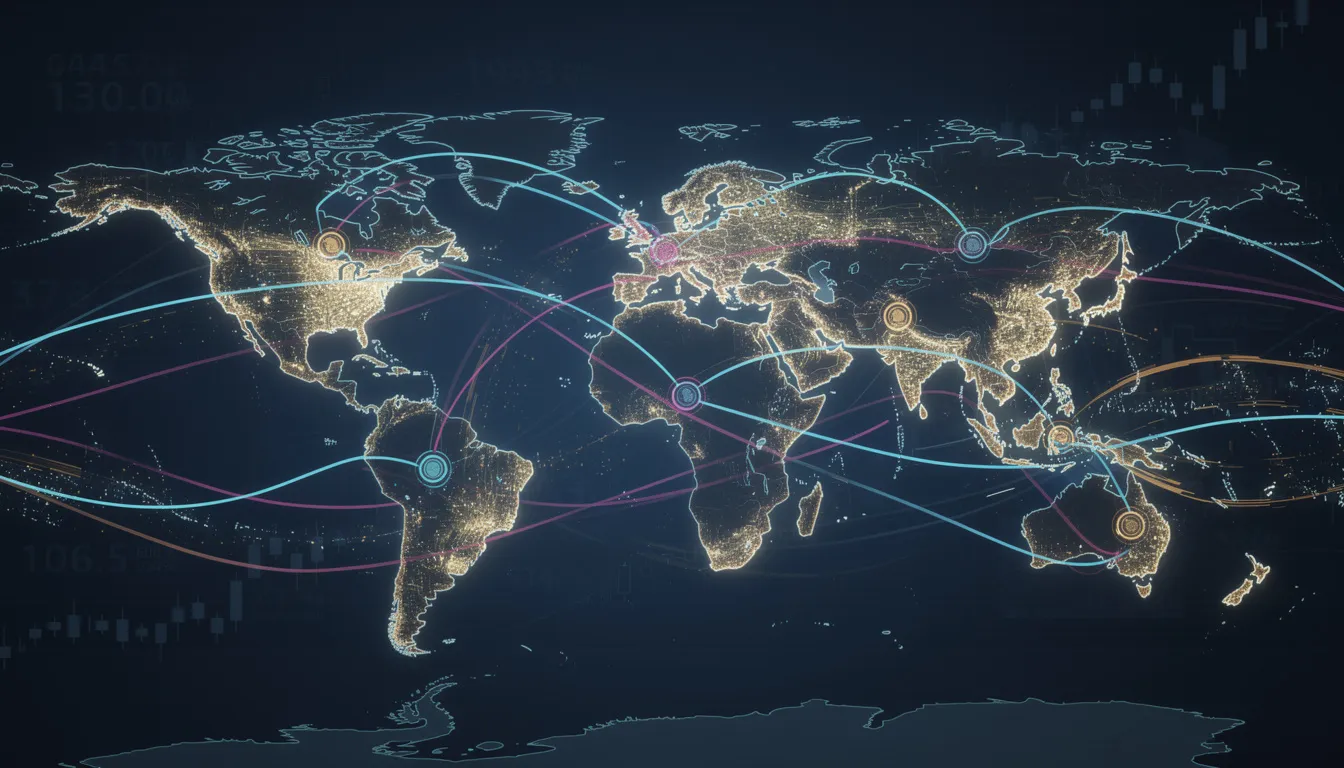 The image depicts an abstract visualization of interconnected global financial networks, characterized by flowing data streams that symbolize innovation and transformation in financial technology. This dynamic representation highlights the collaboration among industry leaders and businesses in the financial services sector, emphasizing the importance of staying informed about the latest trends and insights in fintech.