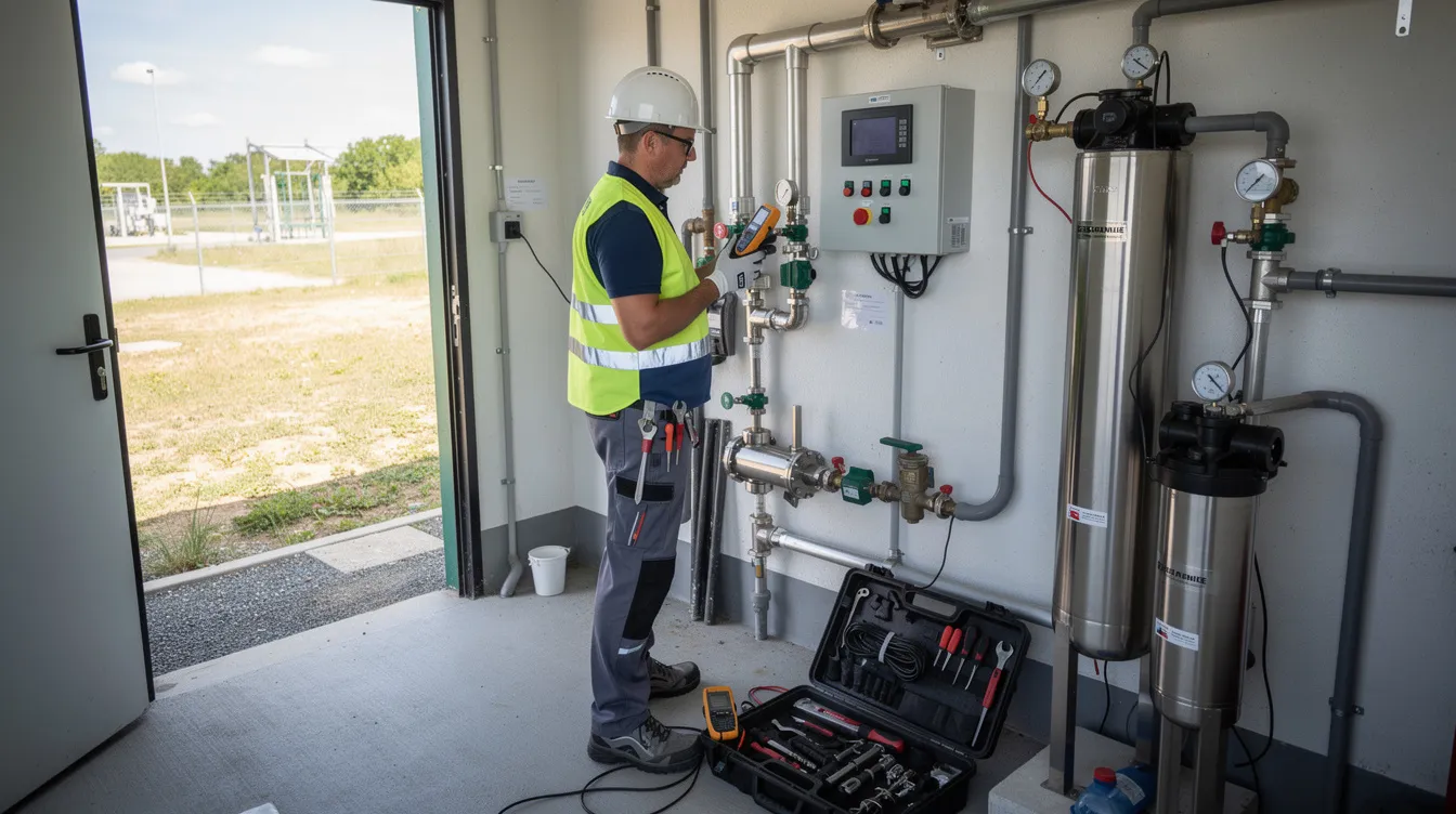 Un technicien vérifie un équipement d’assainissement non collectif dans un local extérieur, utilisant divers outils pour s'assurer du bon fonctionnement de la micro station d'épuration. Cette intervention est essentielle pour garantir la sécurité et l’efficacité du système de traitement des eaux usées.