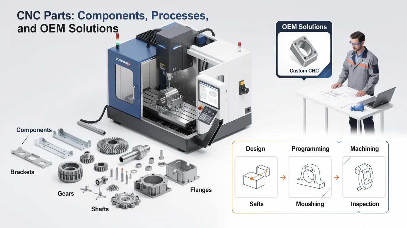 The image showcases various CNC parts and components involved in the CNC machining process, including cutting tools, machine control units, and examples of custom components made from materials like stainless steel and alloy steel. It highlights the precision and quality control in manufacturing processes, emphasizing the importance of tight tolerances and complex geometries in producing high-quality parts.