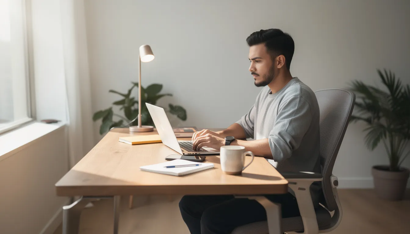 Solo 401K vs SEP IRA: Key Differences for Self-Employed Retirement Planning 1 A self-employed professional is seated at a modern home office desk, focused on their laptop while enjoying a cup of coffee. The workspace reflects careful planning for financial stability, highlighting the importance of retirement savings plans like solo 401k and SEP IRA for managing personal and business finances.