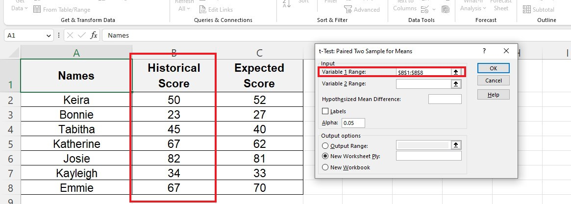For variable range 1, choose the first data set, the column B.