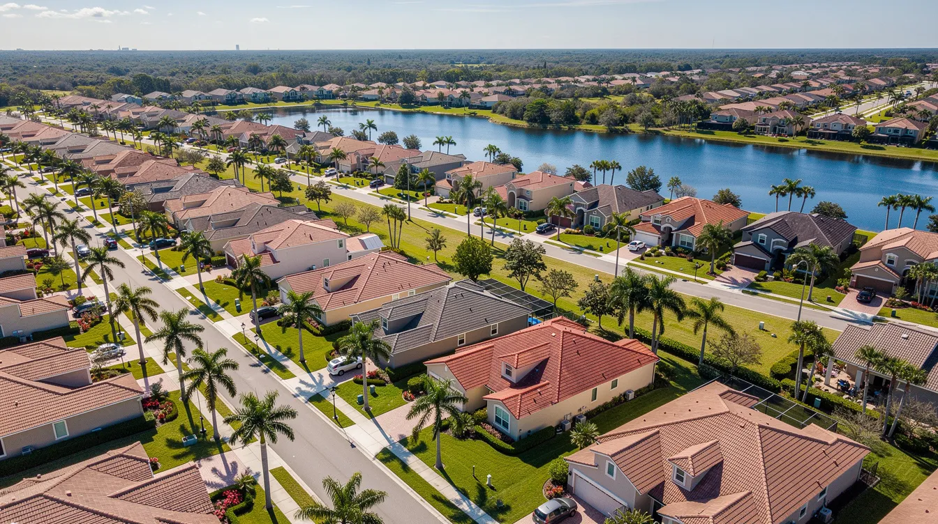 An aerial view captures a serene Central Florida suburban neighborhood, featuring rows of stylish homes with lush green lawns and palm trees, alongside a tranquil lake in the background. This image highlights the quality and attention to detail in the properties, perfect for those exploring the real estate market in Orlando.
