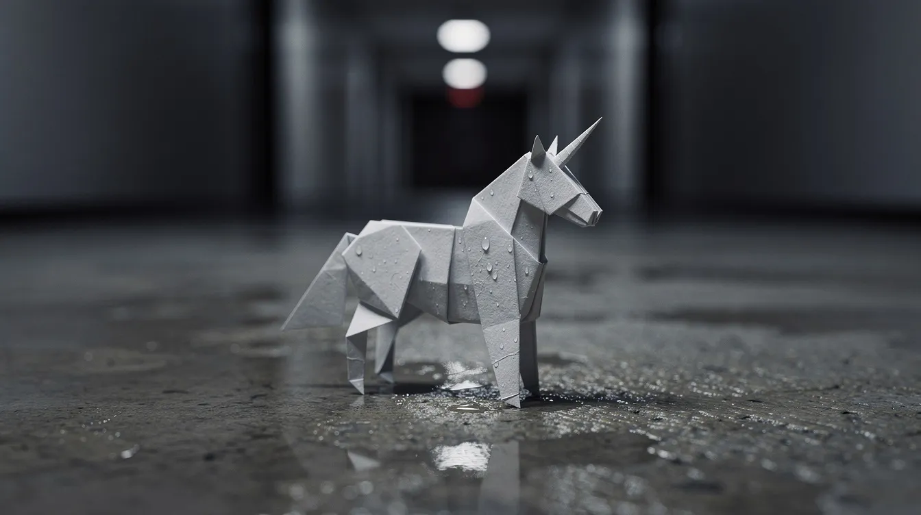 Eine kleine Origami-Figur in Form eines Einhorns liegt auf einem nassen Betonboden, während der unscharfe Hintergrund einen dunklen Flur zeigt, der an die dystopische Atmosphäre von Ridley Scotts "Blade Runner" erinnert. Die Detailaufnahme betont die zarte Struktur des Papiers und schafft einen Kontrast zur rauen Umgebung.