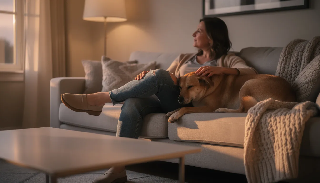 A person sits comfortably on a couch in soft evening light, with a relaxed dog resting beside them, embodying the cozy atmosphere that can help both humans and their furry friends adjust to the time change brought on by daylight saving time. The scene captures a moment of tranquility, highlighting the importance of maintaining routines and sleep patterns for pets during the transition period.