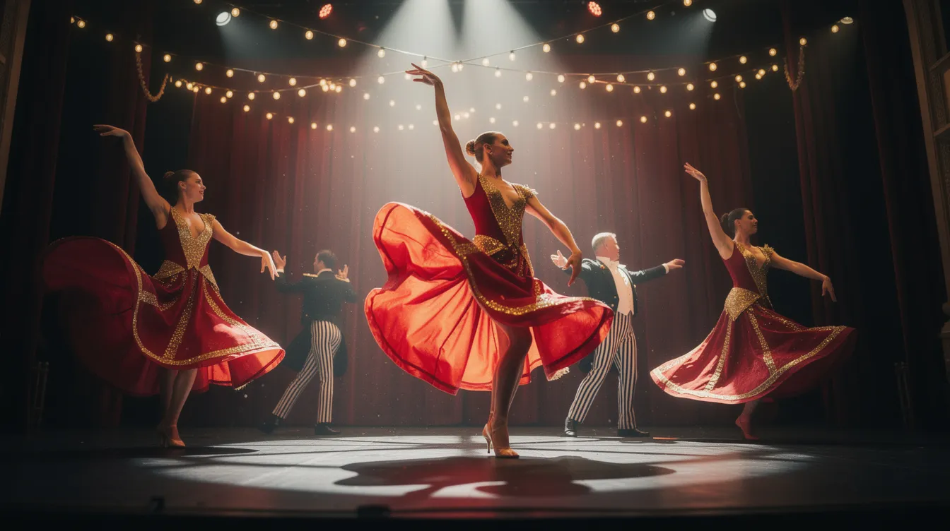 A group of dancers in vibrant red and gold circus-inspired costumes perform energetically under twinkling string lights on a dark stage, creating a magical atmosphere reminiscent of a grand dance recital. The performance showcases various dance styles, captivating the audience with their choreography and lively energy.