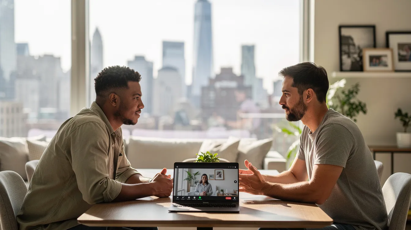 The image captures two gay men sitting at a dining table in a modern New York apartment, engaged in an online couples therapy session on a laptop. With calm and attentive expressions, they are surrounded by natural daylight, and the Manhattan skyline, including One World Trade Center, is visible through a large window, creating a supportive and inclusive environment for their mental health journey.