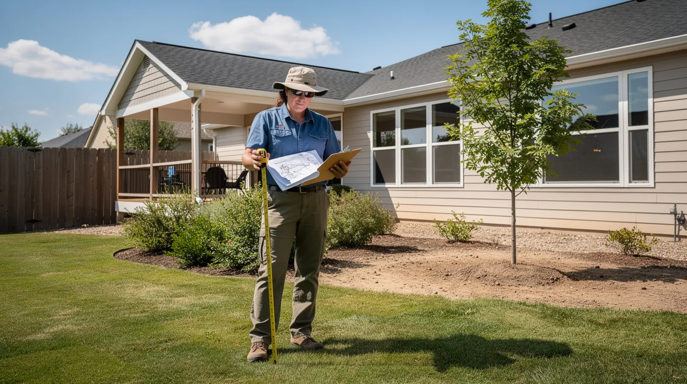 A landscape designer is seen in a residential backyard on a sunny day, using a measuring tape and clipboard to review the existing conditions for a landscape plan. The designer is focused on assessing the outdoor space, which will help in creating a tailored design plan that enhances the home's value and outdoor living experience.