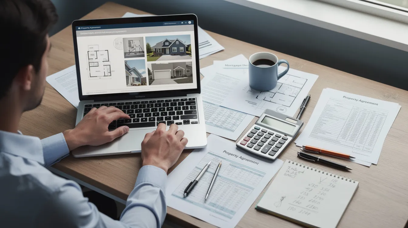 The image depicts a person focused on their laptop, surrounded by a calculator and various property documents on a desk, suggesting they are analyzing financial aspects related to a cash out refinance for an investment property. The scene conveys a sense of diligence in managing rental income and evaluating loan options.