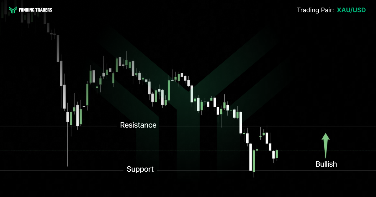 9:29 PMClaude responded: [Candlestick chart for the XAU/USD trading pair from Funding Traders on a dark background.[Candlestick chart for the XAU/USD trading pair from Funding Traders on a dark background. Horizontal lines mark a Resistance level in the lower portion and a Support level near the bottom. Price trended downward across the chart from highs on the left, breaking below resistance and dipping to test support on the right side before stabilizing. A green arrow points upward with the label "Bullish," indicating an upward outlook.]