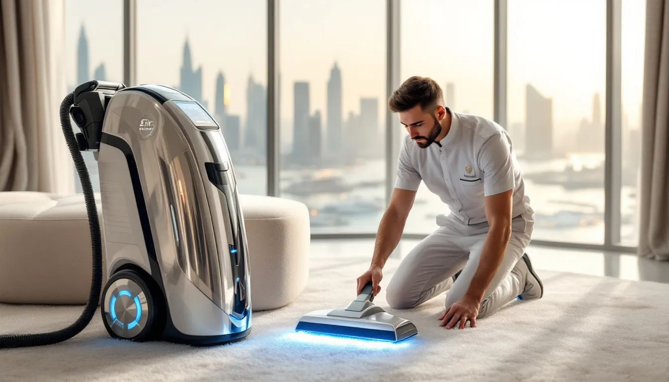 A cleaner performing specialized carpet and upholstery cleaning services.