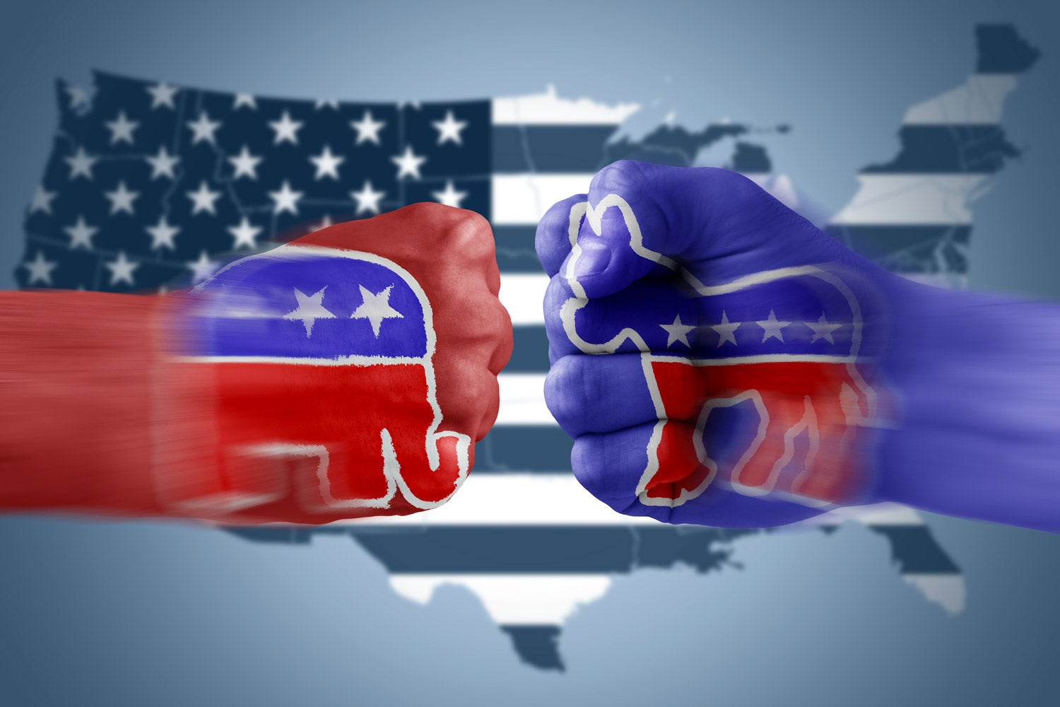 Illustration of 2 fists reflecting Democrats vs. Republicans with American flag