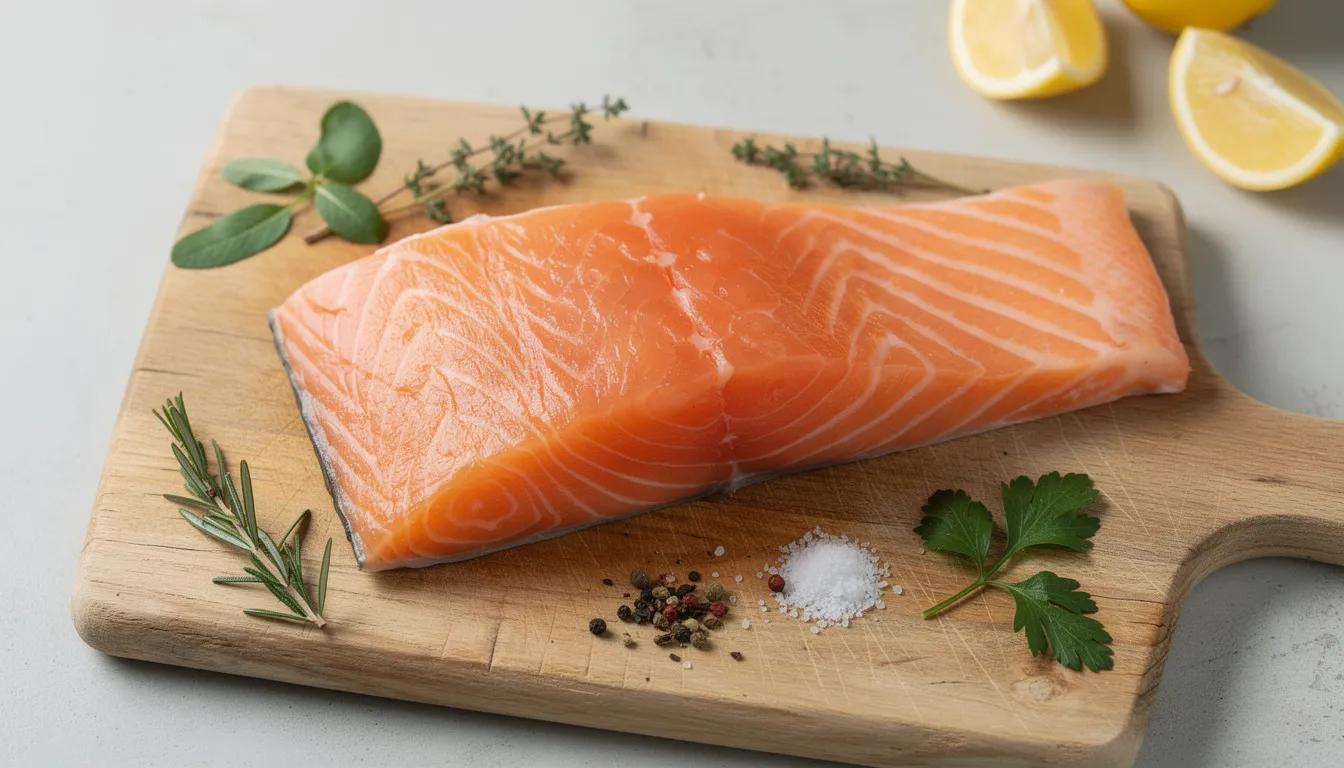 The image features a fresh piece of salmon on a wooden cutting board, surrounded by vibrant green herbs. This healthy food choice is rich in omega-3 fatty acids, which are known to support brain health and cognitive function.