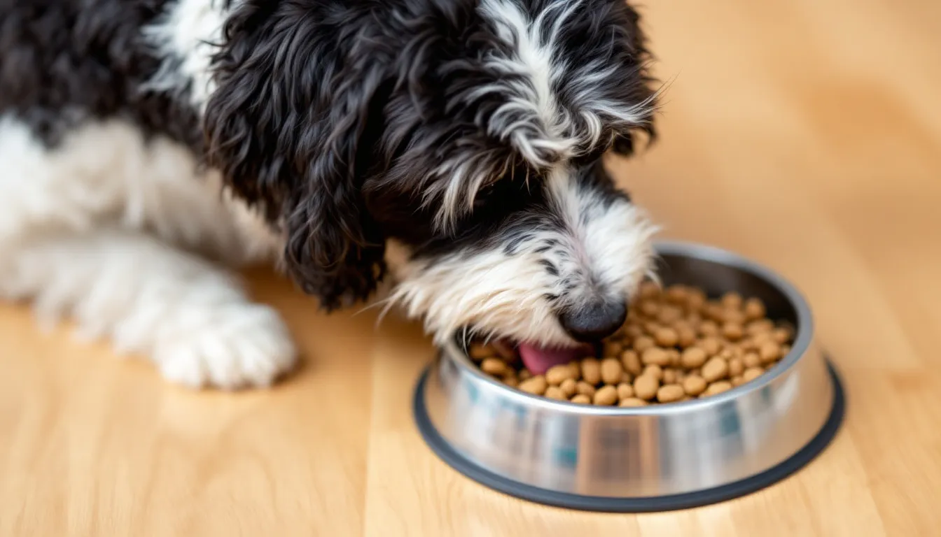A portuguese water dog eating high quality dog food