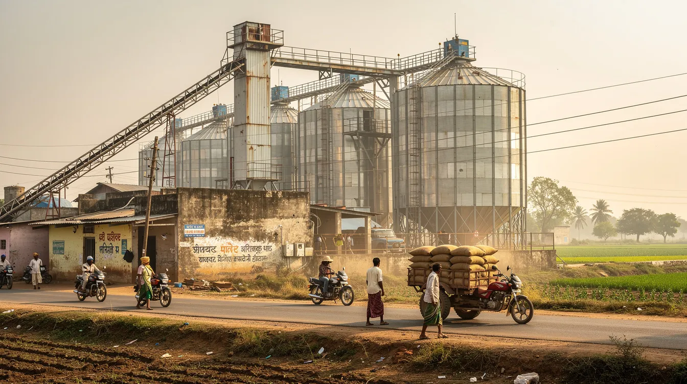 5980904e e12a 468b 8dfe 89dfc96f40d6 The image depicts an industrial grain processing facility featuring large metal silos and conveyor systems, set against a rural Indian backdrop. This pulse processing plant is equipped with advanced machinery for efficient production of various pulses like chana dal and moong dal, highlighting its operational efficiency and industry expertise.