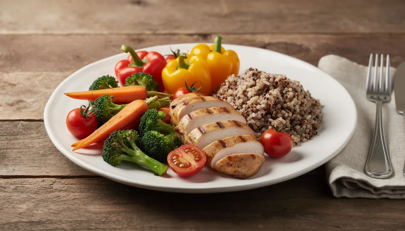 L'image montre un repas équilibré sur une table en bois, composé de légumes colorés, de protéines et de céréales complètes, illustrant l'importance d'une alimentation saine pour les femmes, notamment celles atteintes du syndrome des ovaires polykystiques (SOPK). Ce type de repas peut aider à gérer les symptômes du SOPK, tels que la prise de poids et la résistance à l'insuline.