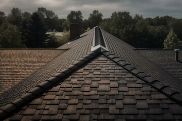 A roof with shingles and a ridge cap