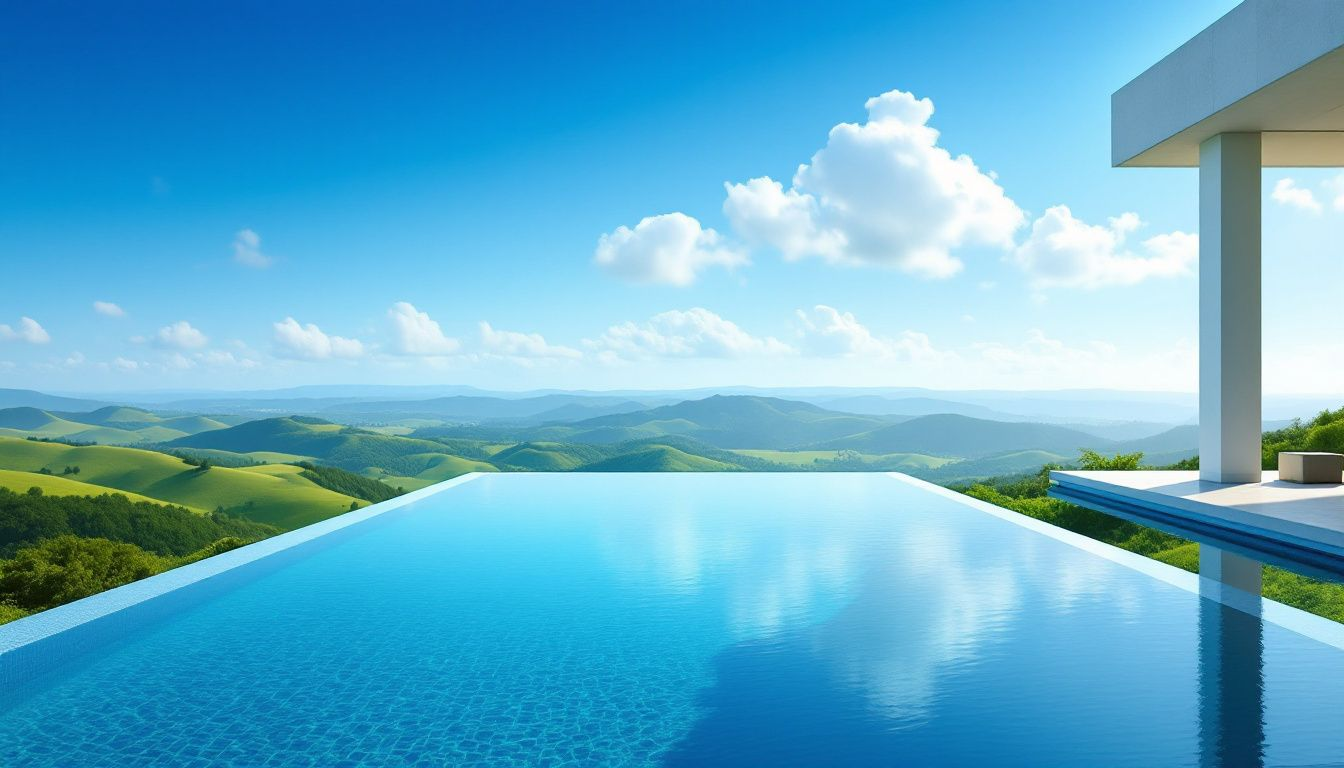 An infinity edge pool overlooking a scenic landscape.