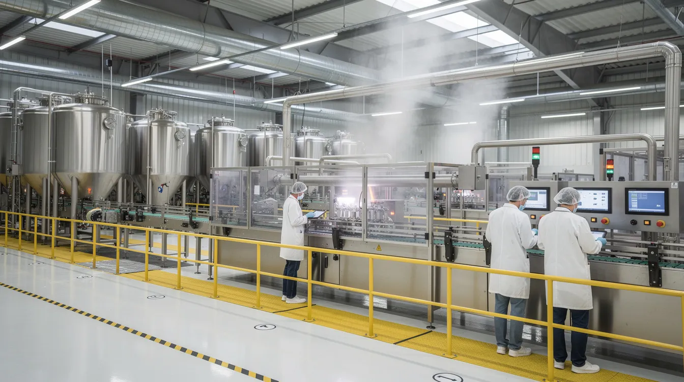 5984c41a 1b24 4063 b866 1ebc8dc884ed The image depicts a modern food processing factory interior, showcasing stainless steel equipment and conveyor systems designed for efficient rice processing. This facility is equipped to handle various rice products, including rice flour and rice bran oil, emphasizing food safety and quality control in the processing plant.