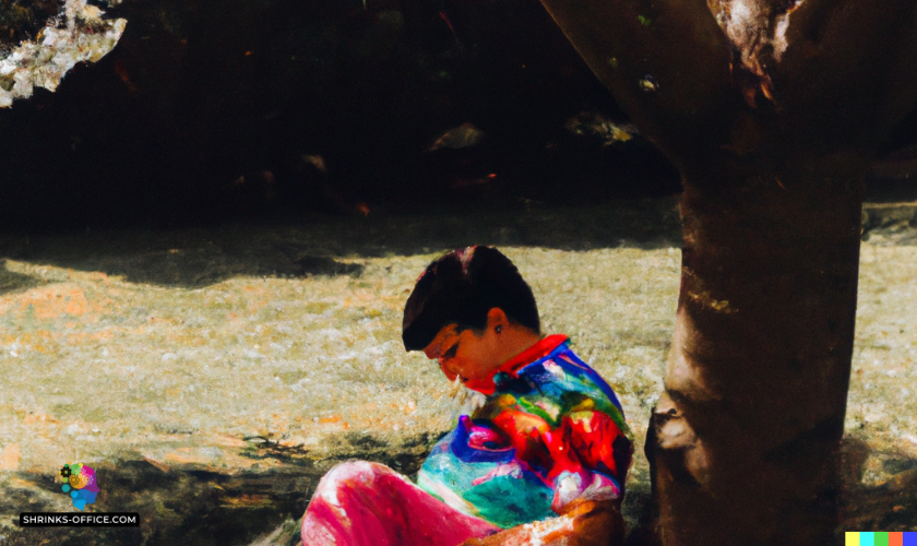 A boy with autism spectrum disorder sitting against a tree