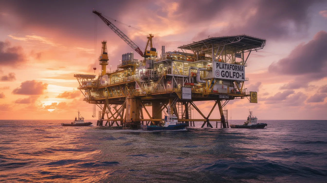 The image depicts an offshore oil platform in the Gulf of Mexico during sunset, with vibrant hues of orange and purple illuminating the sky. This scene highlights the importance of maritime law, particularly for maritime workers and accidents that may occur in such environments, emphasizing the need for an experienced abogado de accidentes marítimos en Houston.