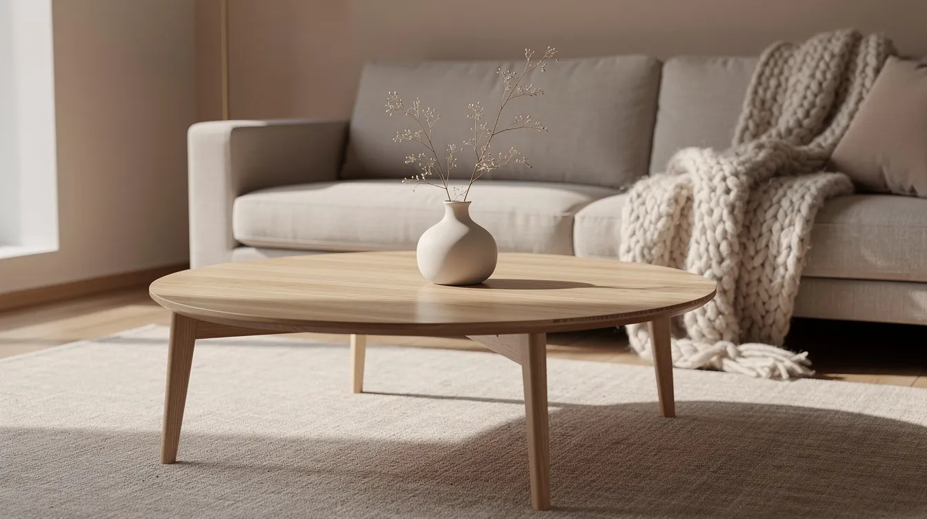 Een ronde houten salontafel met een keramieken vaas staat centraal in een japandi woonkamer, omringd door een bank met een wollen plaid. De combinatie van natuurlijke materialen en strakke lijnen creëert een serene sfeer die rust en eenvoud uitstraalt.