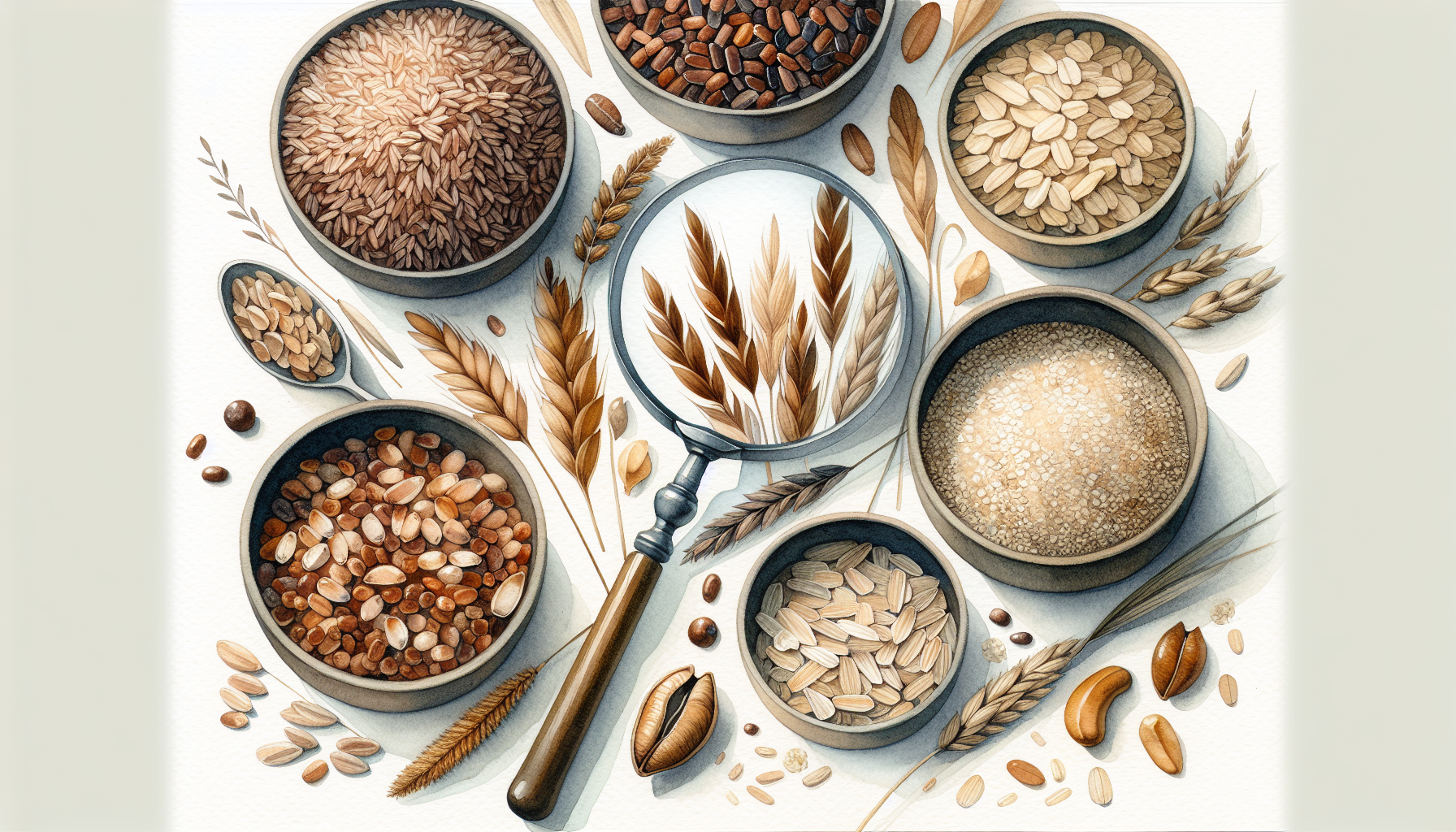 A watercolor painting of assorted whole grains, such as brown rice, quinoa, and oats