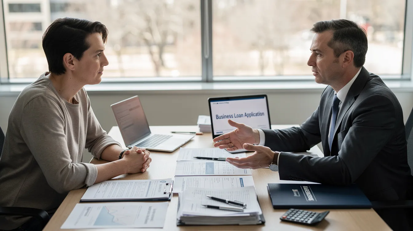 598ab62a c3c1 44a5 b782 23fd6e526557 The image depicts a small business owner engaged in a discussion with a bank officer at a desk, surrounded by various documents including a bank statement and business plan. This scene illustrates the process of securing financial assistance, possibly through the Mudra scheme, for small enterprises looking to grow and manage their cash flow effectively.