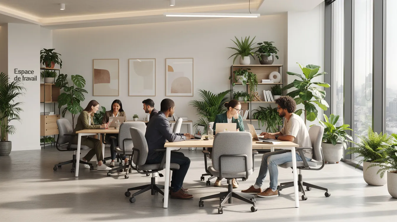 L'image montre un espace de travail collaboratif moderne, baigné de lumière naturelle et agrémenté de plantes vertes, favorisant le bien-être des collaborateurs. Cet environnement encourage la résilience au travail, permettant aux personnes de faire face aux défis quotidiens avec équilibre et efficacité.