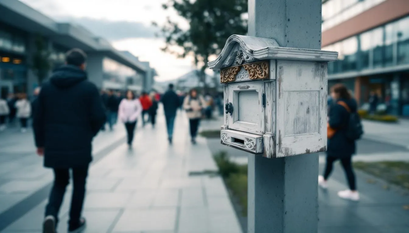 A small wooden blessing box is mounted on a post in a community area, where various people are walking nearby. This blessing box serves as a resource for neighbors to donate and access affordable and nutritious food items, helping to alleviate food insecurity in the community.