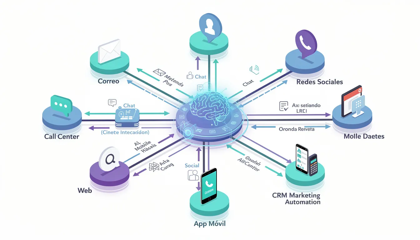 Diagrama que ilustra la integración omnicanal, donde la inteligencia artificial coordina múltiples canales de comunicación como correo electrónico, SMS y redes sociales, mejorando la experiencia del cliente en tiempo real a través de grandes cantidades de datos. Esta representación destaca cómo la IA puede optimizar los procesos y la atención al cliente en las empresas.