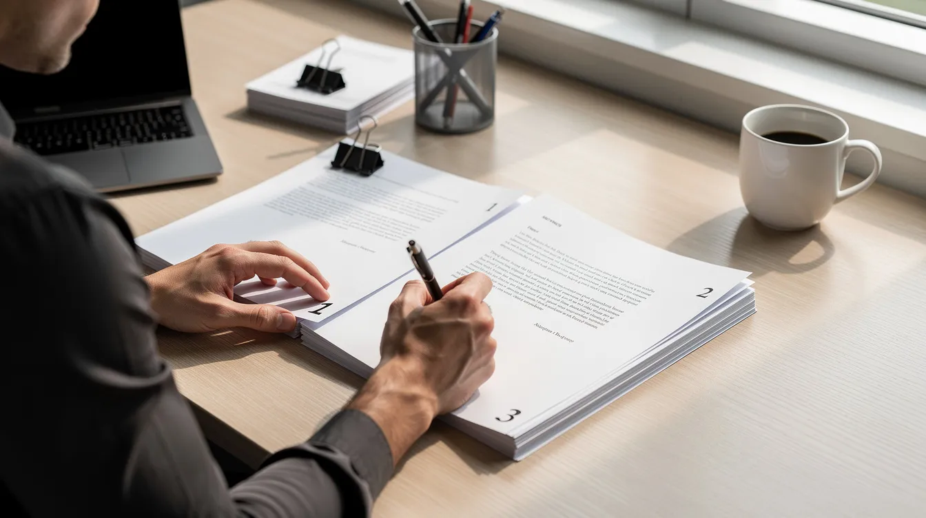 59922f64 a219 4622 835b 07428cf93354 The image shows a person diligently writing page numbers in the corner of printed documents on a desk, which may include important financial paperwork related to loans or bank statements. This meticulous task could be part of organizing documents for a mudra loan application or other financial assistance processes.