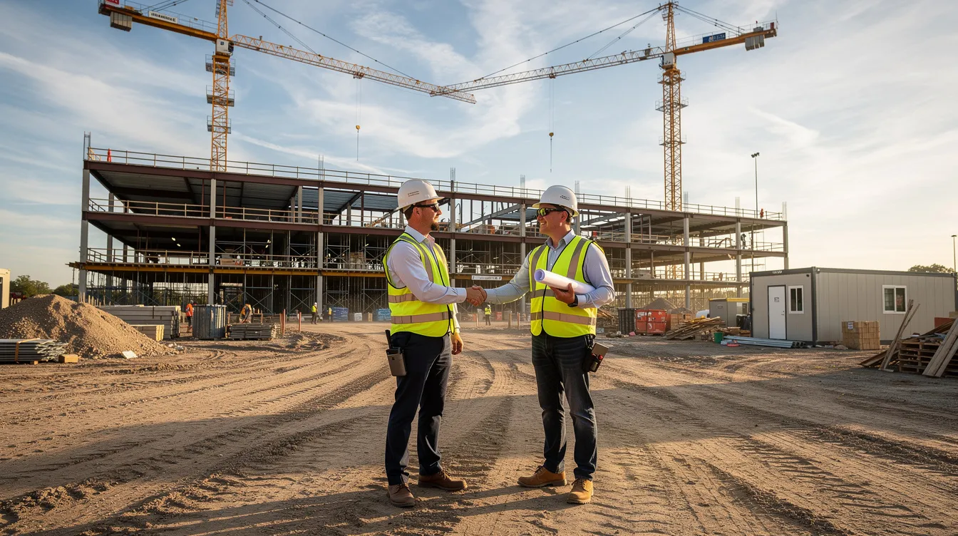 Two construction professionals are shaking hands at a large commercial jobsite, surrounded by steel framing and cranes, symbolizing a successful joint venture in the construction industry. This image captures the essence of collaboration and partnership in managing complex projects and joint venture agreements.