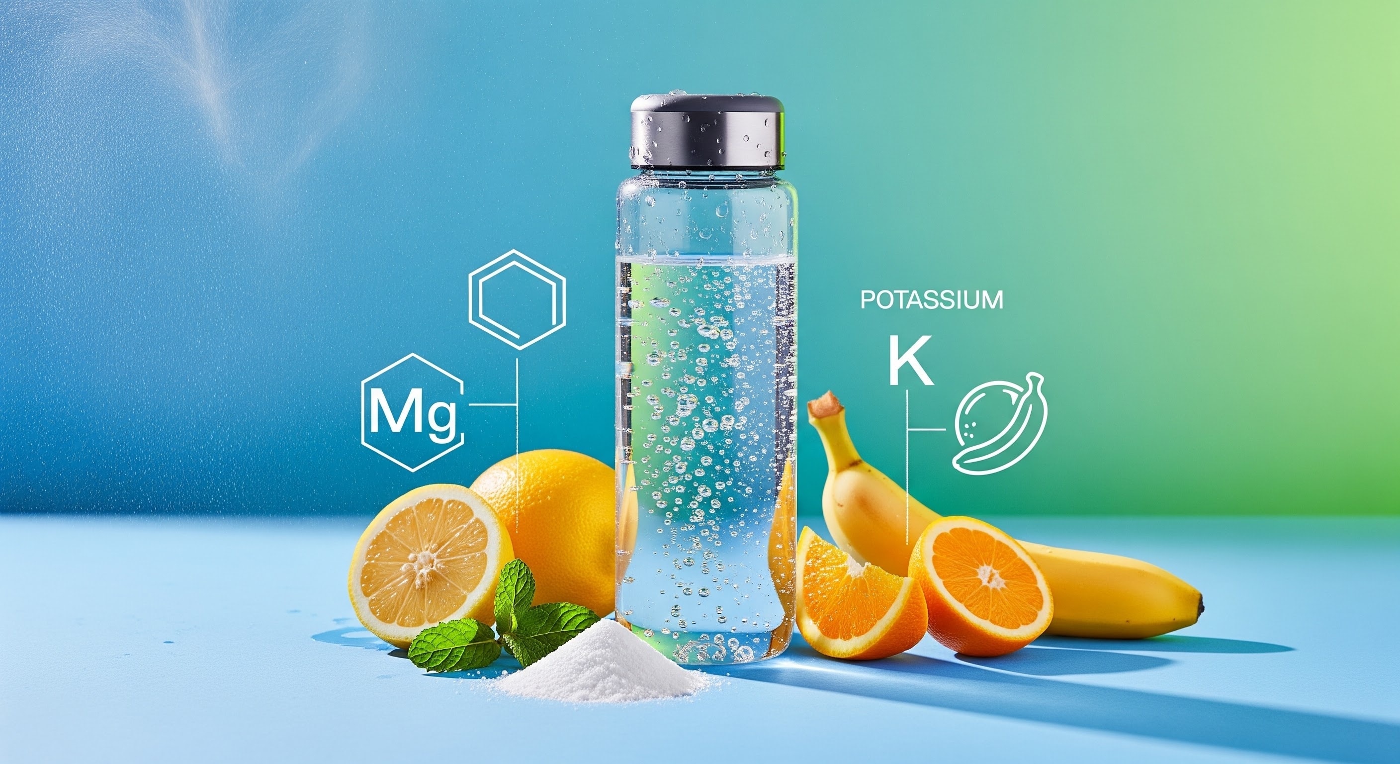 hydration concept: water bottle with electrolytes props (citrus, magnesium, potassium icons), fresh sporty vibe