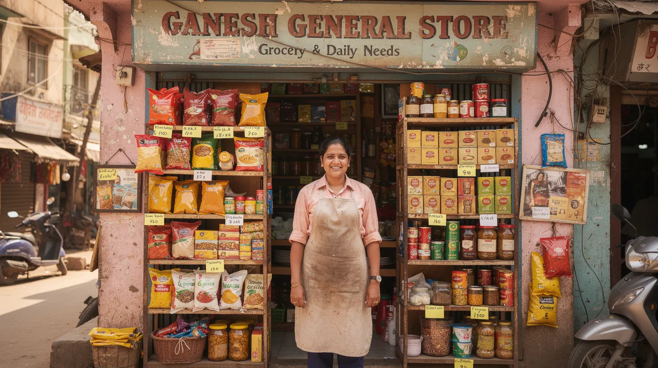 59952475 13b4 45b3 9de5 5664c6c57cdb A small business owner stands proudly in front of their Indian shop, showcasing a variety of products neatly arranged on the shelves. This entrepreneur has successfully repaid previous loans and is a beneficiary of the Pradhan Mantri Mudra Yojana, demonstrating a satisfactory credit track record in managing their micro enterprise.
