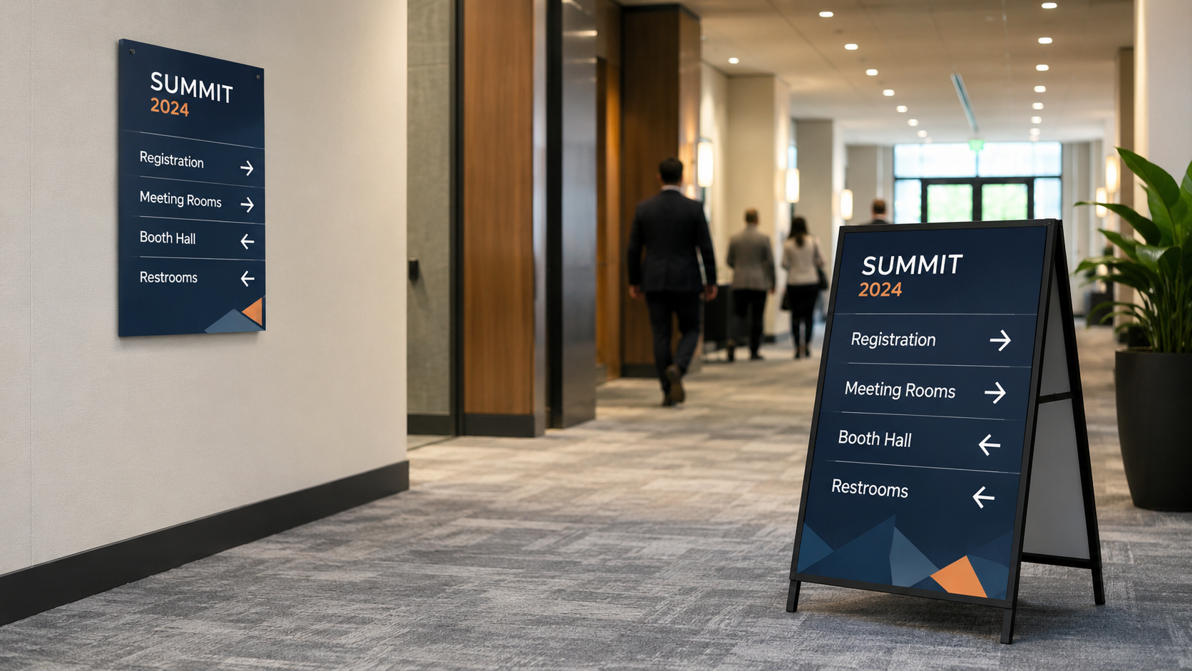 Custom directional signs for conference wayfinding and event guidance